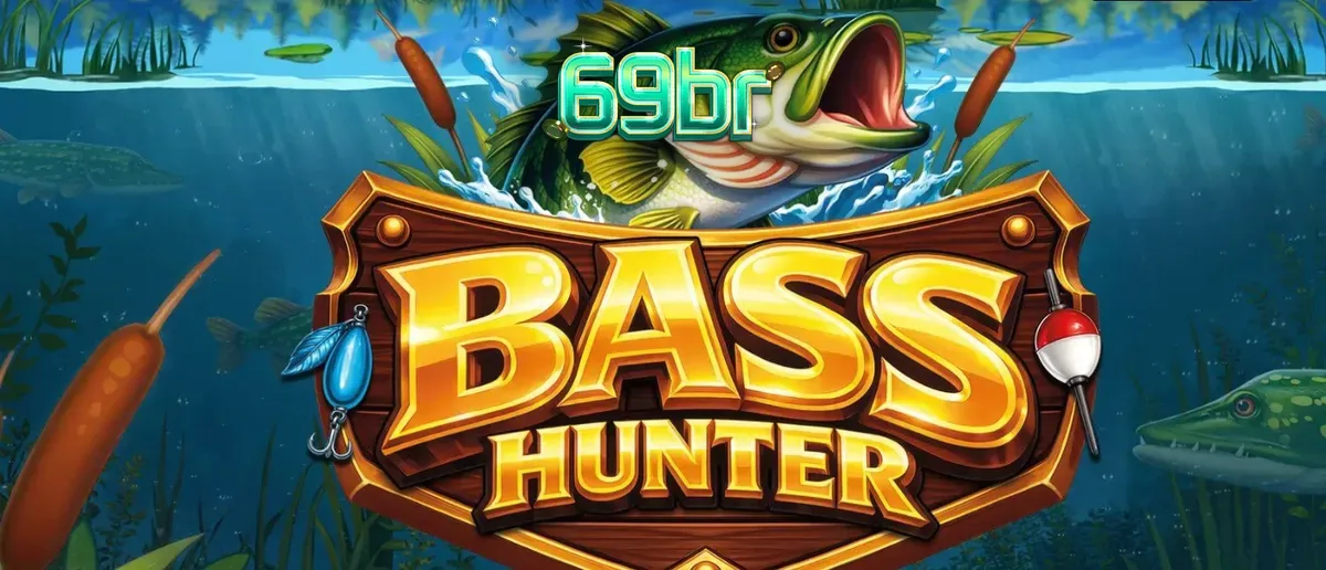 Cenário subaquático do slot Bass Hunter com peixes e equipamentos de pesca